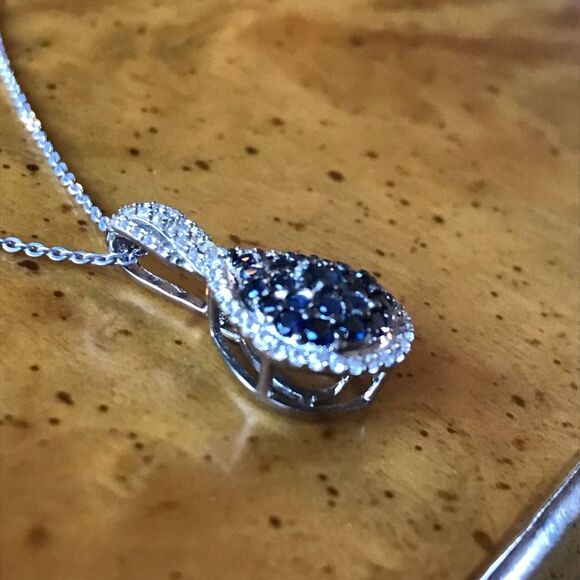 Natural Blue Sapphire Sterling Silver Teardrop Necklace - Picture 2 of 8
